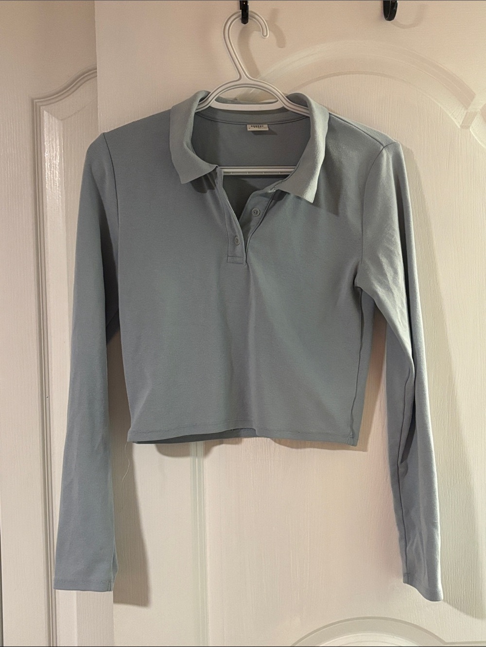 Pale Blue Long-Sleeve Cropped Polo Top
